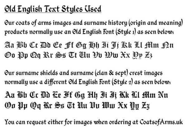 Ancient Old English font text styles for shields and coats of arms (family crests)